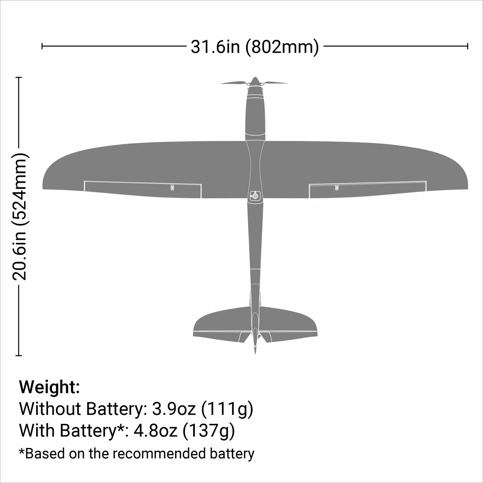 מידות ומשקל — UMX Conscendo BNF Basic with AS3X and SAFE Select