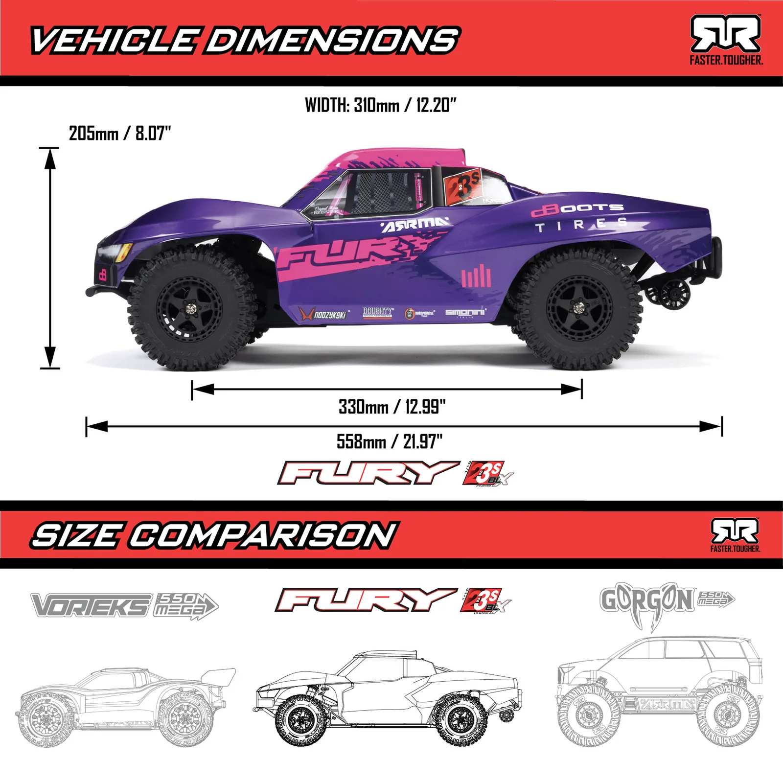 מידות ומשקל — 1/10 FURY 223S DSC 2WD RTR Brushless Short Course Truck