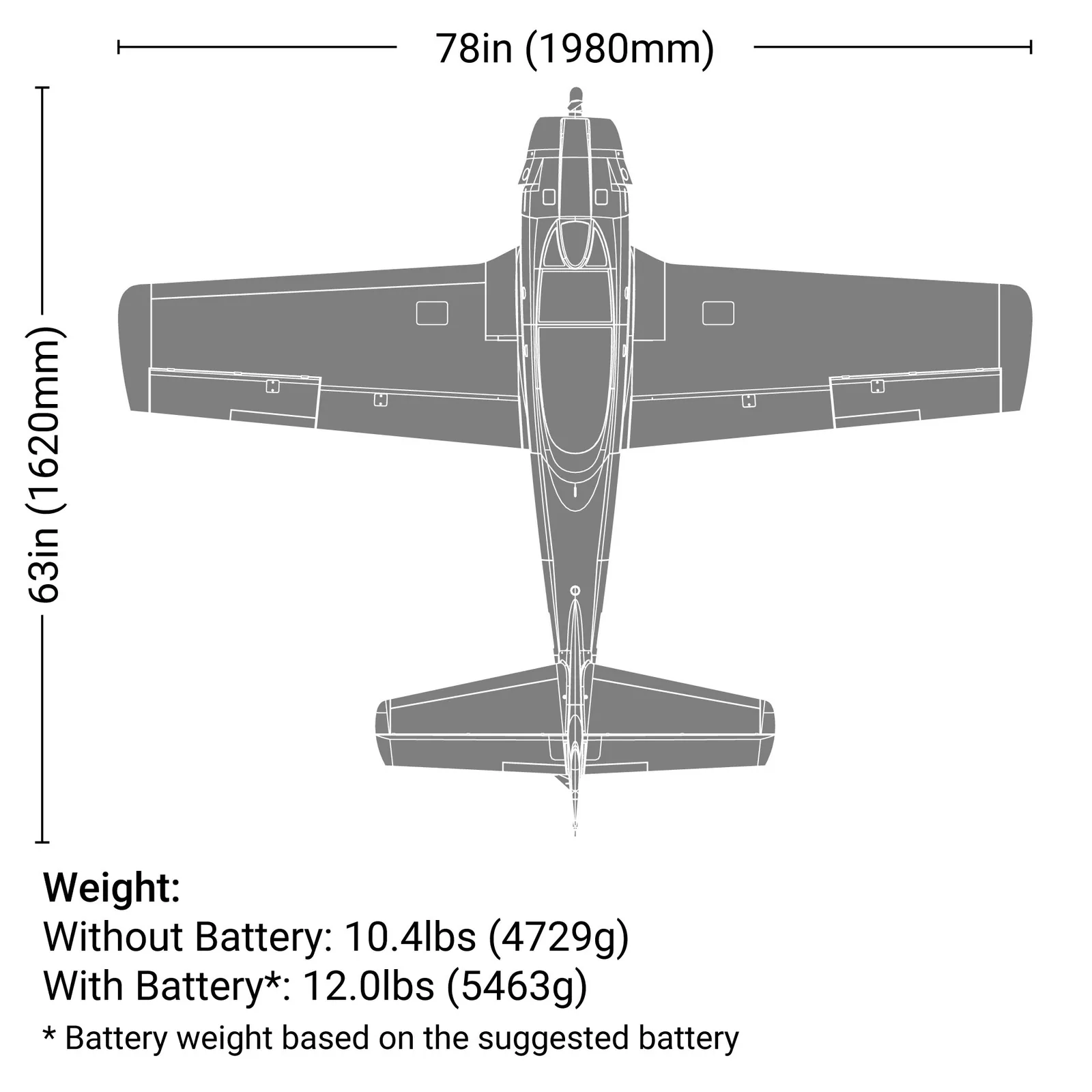 מידות ומשקל — Carbon-Z T-28 Trojan 2.0m BNF Basic with AS3X and SAFE Select