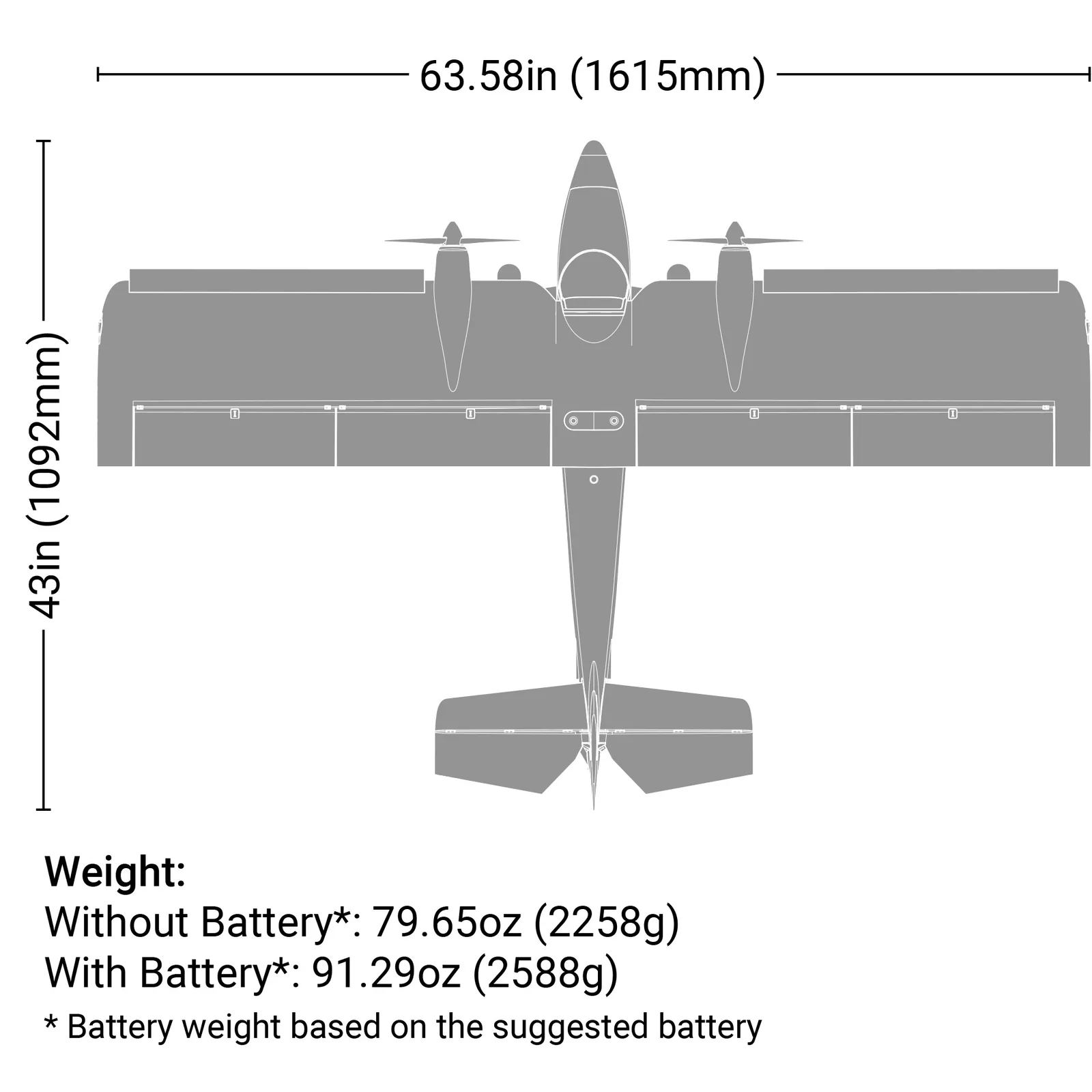 מידות ומשקל — Twin Timber 1.6m BNF Basic with AS3X and SAFE Select