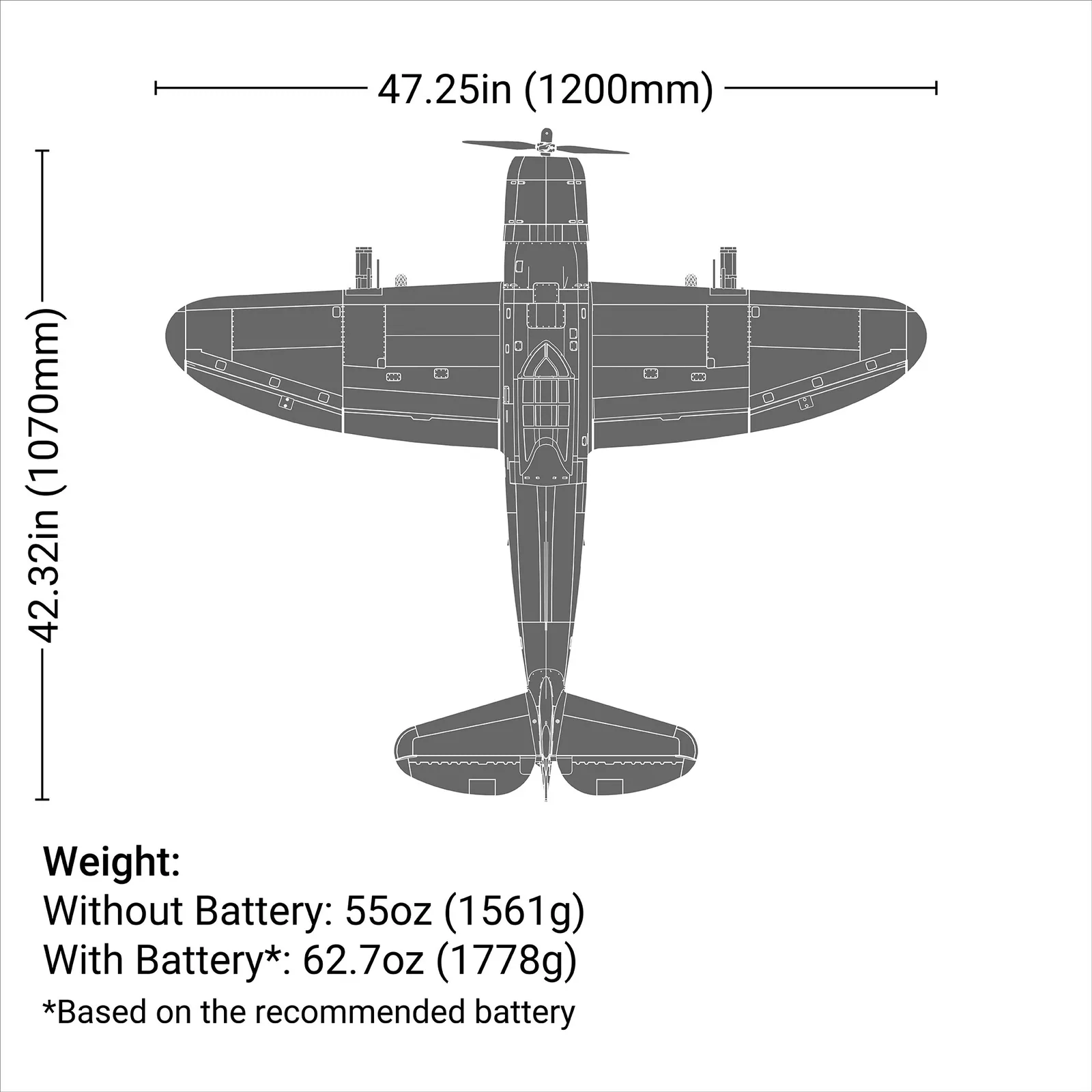 מידות ומשקל — P-47 Razorback 1.2m BNF Basic with AS3X & SAFE Select