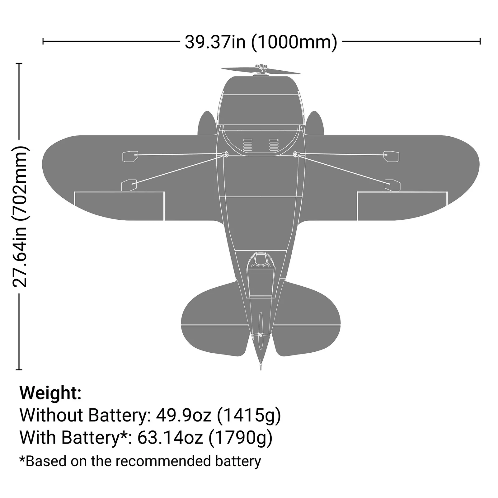 מידות ומשקל — Gee Bee R-2 1.0m BNF Basic with AS3X+ and SAFE Select