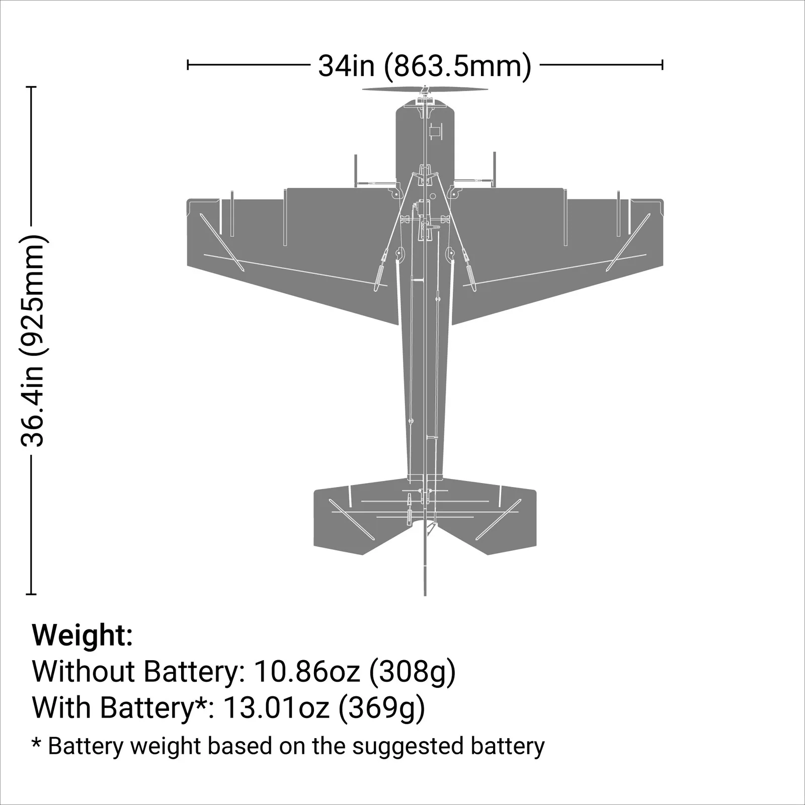 מידות ומשקל — Eratix 3D FF (Flat Foamy) 860mm BNF Basic with AS3X and SAFE Select