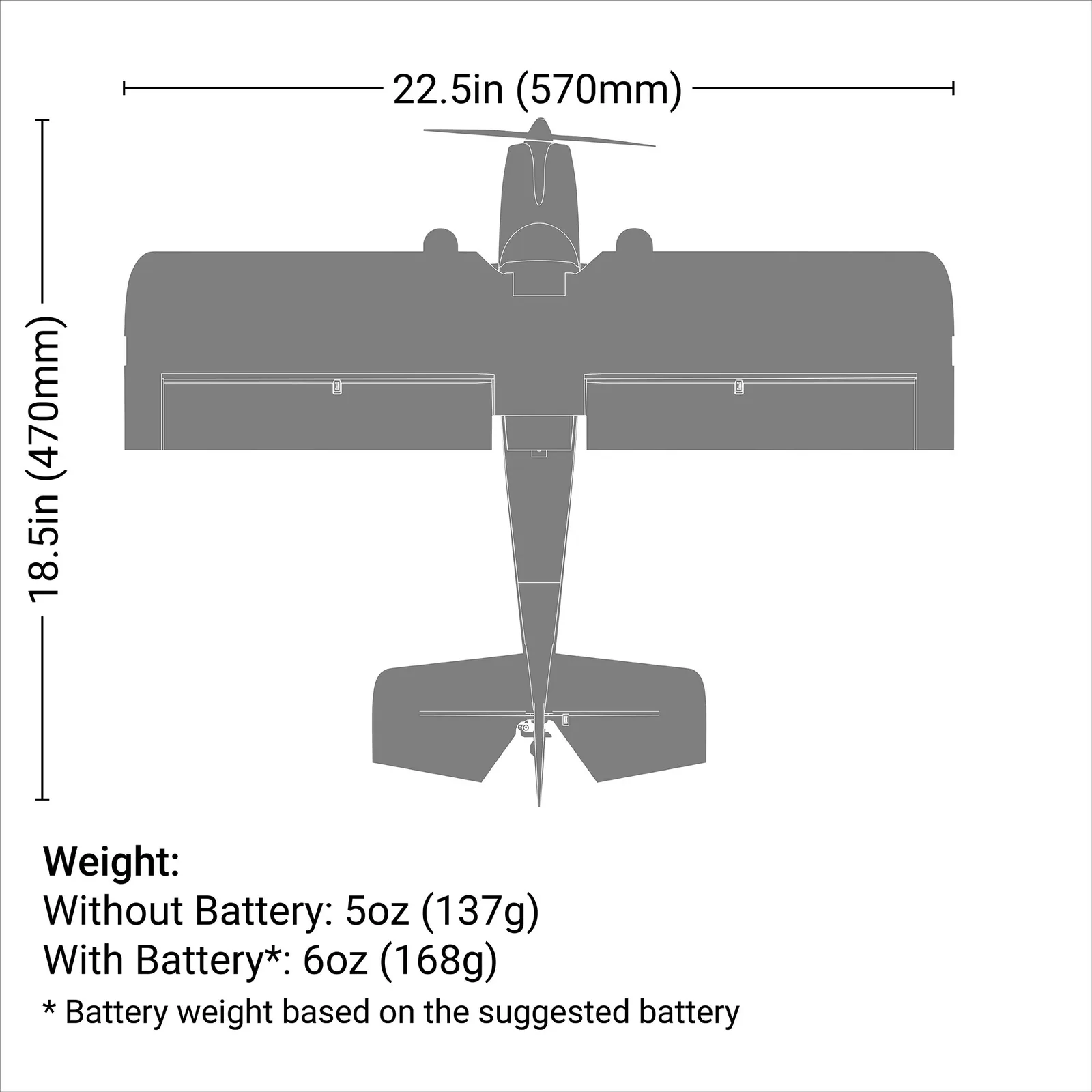 מידות ומשקל — UMX Timber X BNF Basic with AS3X and SAFE Select, 570mm