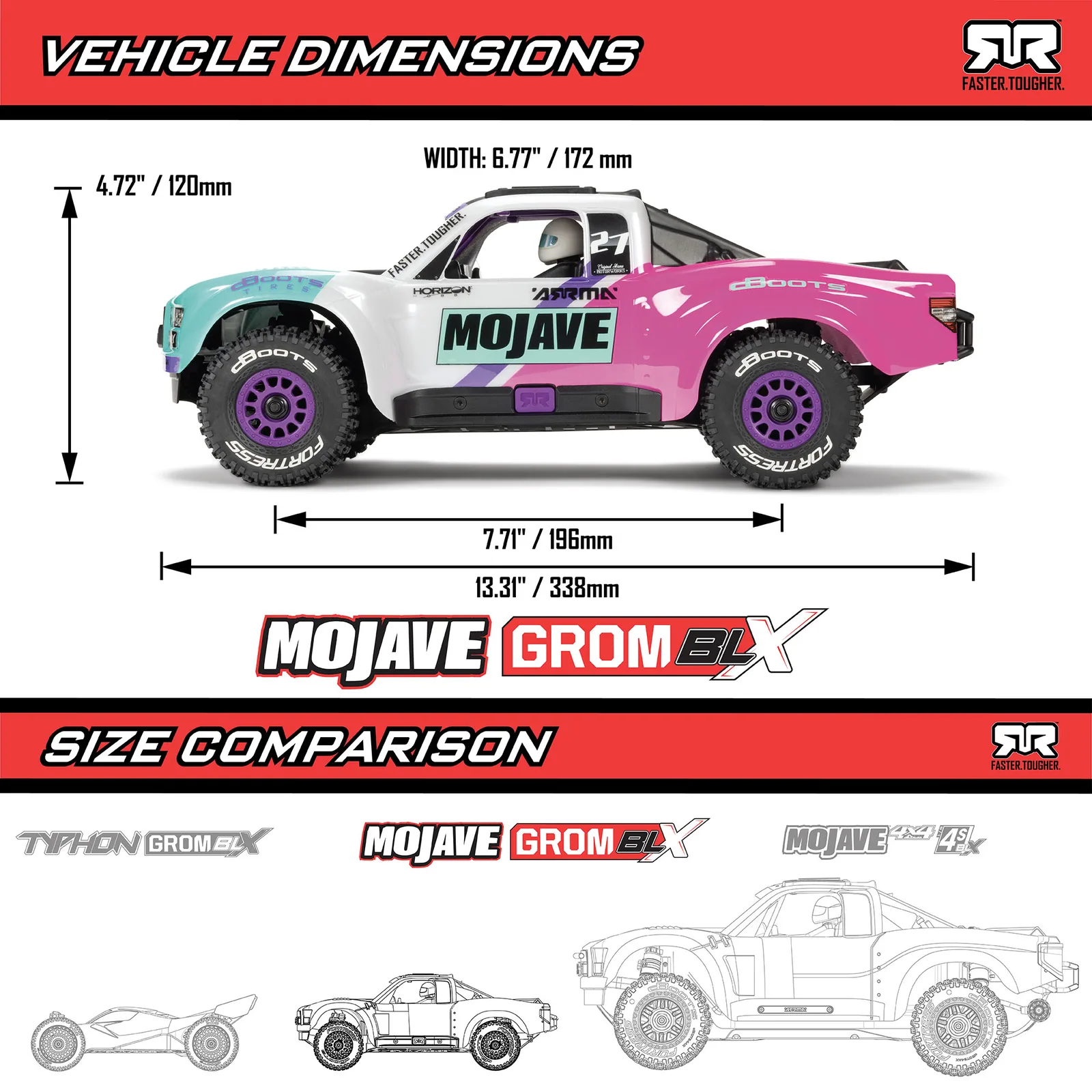 מידות ומשקל — 1/16 MOJAVE GROM 223S DSC 4X4 RTR Brushless Desert Truck (Battery & Charger Included)