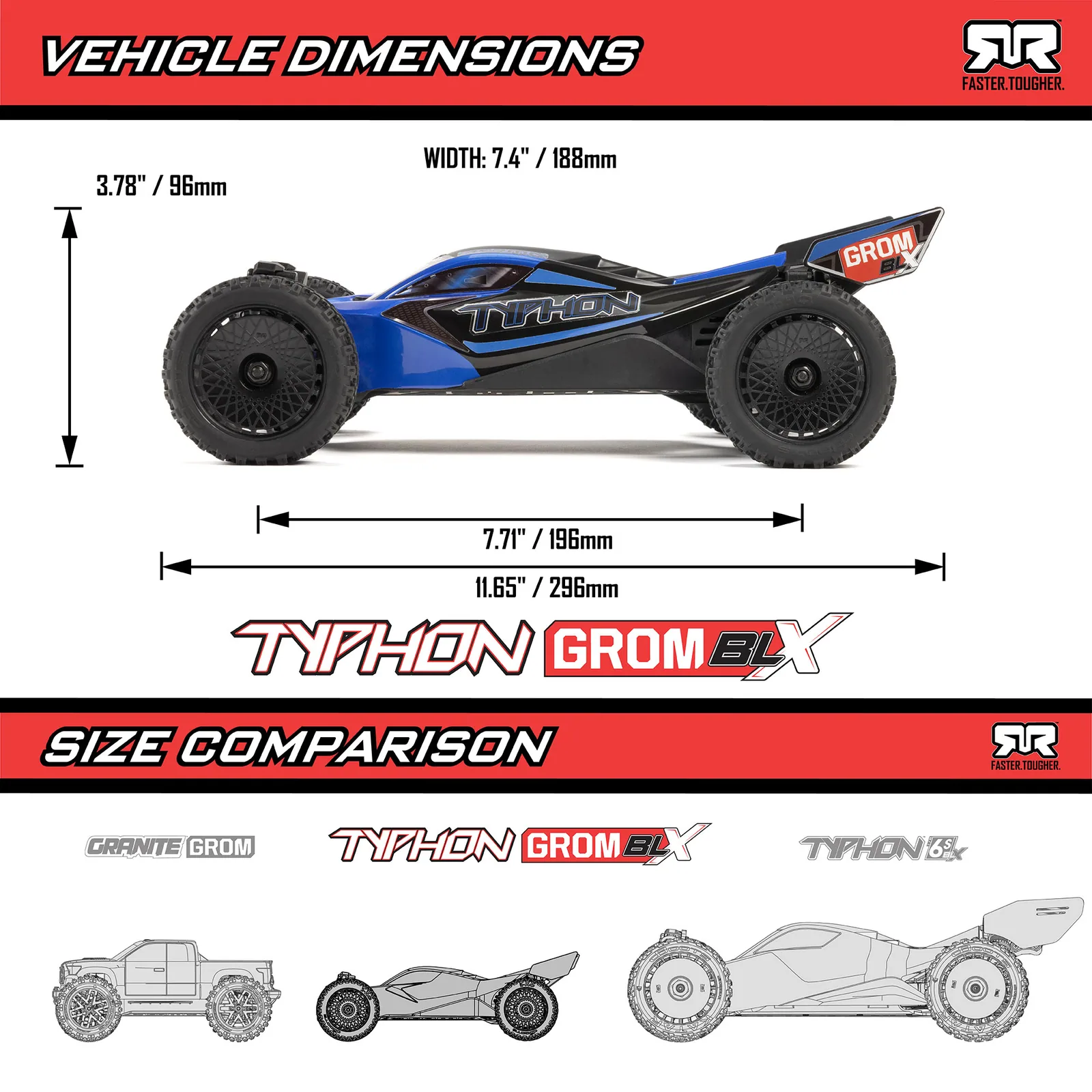 מידות ומשקל — 1/14 TYPHON GROM 223S DSC 4X4 RTR Brushless Buggy (Battery & Charger Included)