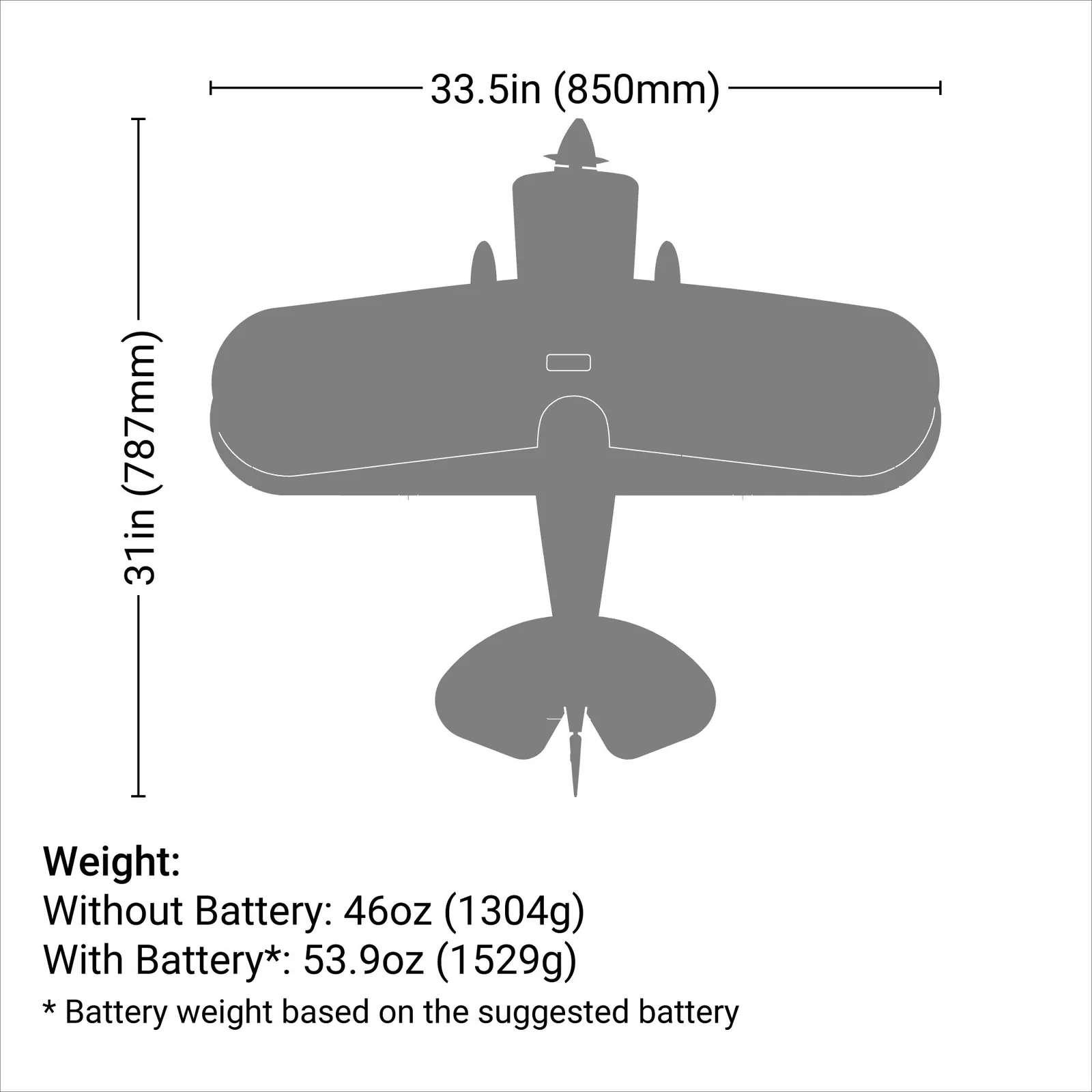 מידות ומשקל — Pitts S-1S BNF Basic with AS3X and SAFE Select, 850mm