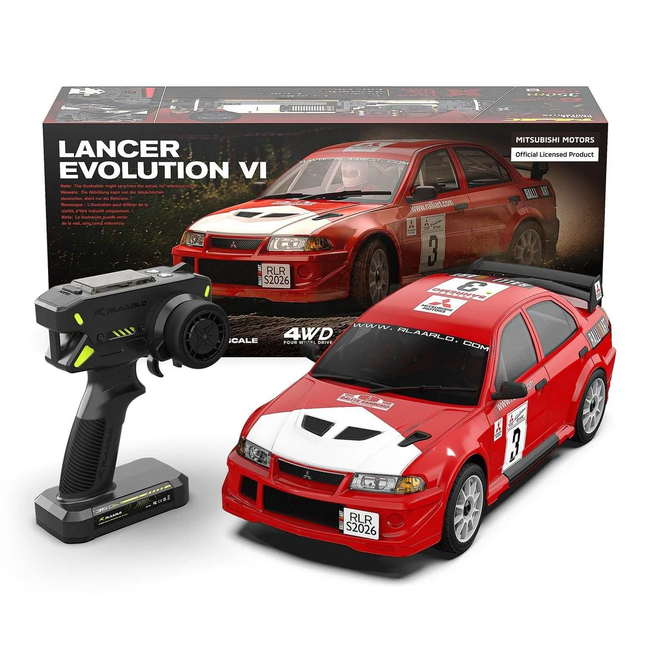 מה בקופסה — מכונית Rlaarlo Mitsubishi EVO 6.5 TME Rally Brushless 4WD 1/7
